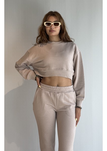 Kadın Bisiklet Yaka Uzun Kollu Crop Top Sweatshirt Eşofman Takımı fırsatları