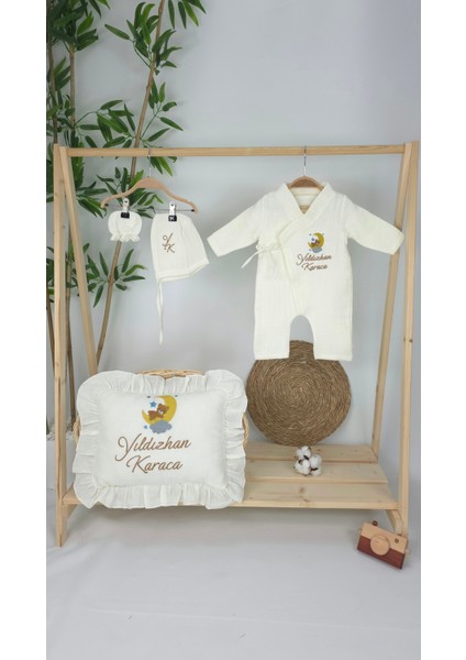 Müslin Yeni Doğan 4katlı Organik %100PAMUK Kişiye Özgü Nakışlı Hastane Çıkış Seti(Ay Yıldızlıayıcık)