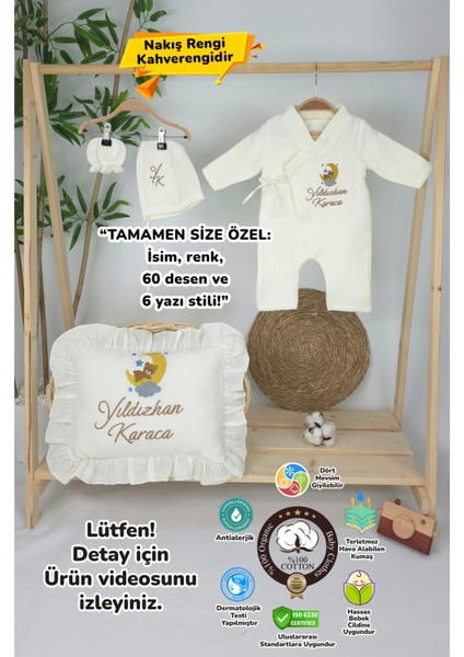 Müslin Yeni Doğan 4katlı Organik %100PAMUK Kişiye Özgü Nakışlı Hastane Çıkış Seti(Ay Yıldızlıayıcık) indirimleri