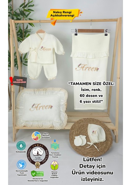 Müslin Yeni Doğan 4katlı Organik %100PAMUK Kişiye Özgü Nakışlı Hastane Çıkış Seti-Papatya