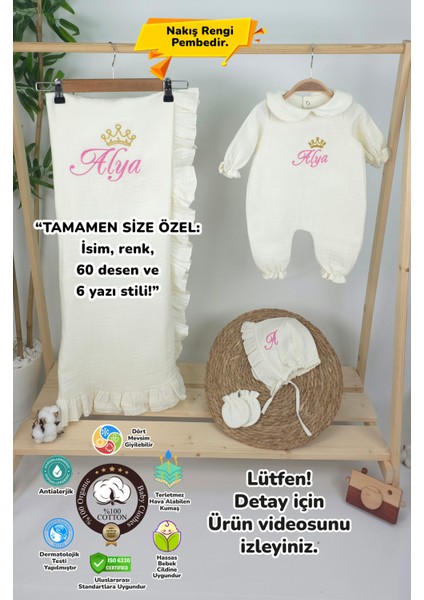 Müslin Yeni Doğan 4katlı Organik %100PAMUK Kişiye Özgü Nakışlı Hastane Çıkış Seti-Taçlı Gold