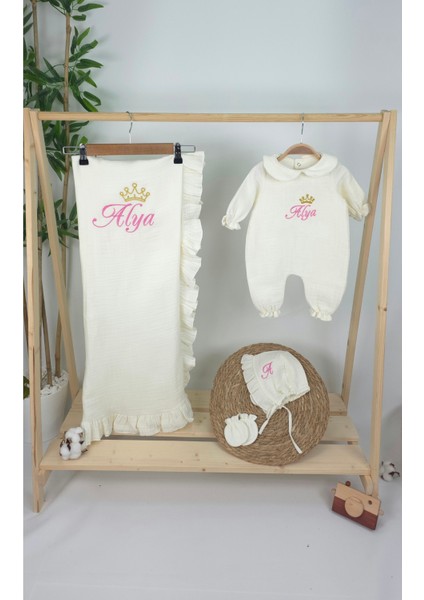 Müslin Yeni Doğan 4katlı Organik %100PAMUK Kişiye Özgü Nakışlı Hastane Çıkış Seti-Taçlı Gold fiyatları