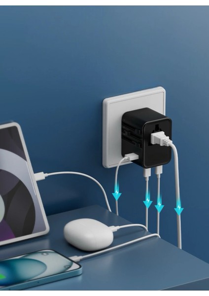 Evrensel Eu Us Au Uk Priz Fiş Çevirici Dönüştürücü Seyahat Adaptörü 45W 2x USB 3x Type-C Port Çıkışı fırsatları