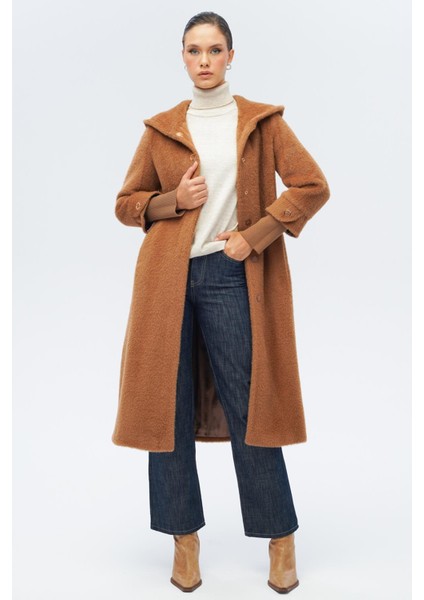 Kapüşonlu Ribana Detaylı Pelüş Kaban Taba 3118