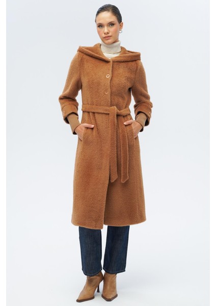 Kapüşonlu Ribana Detaylı Pelüş Kaban Taba 3118 modelleri