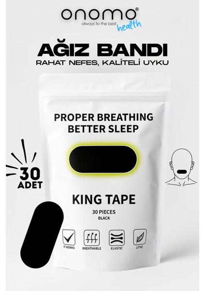 Health Ağız Bandı Siyah 30 Adet, Horlama Önleyici Ağız Kapama Hipoalerjenik Uyku Bandı