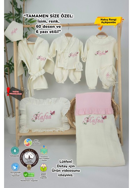 Müslin Yeni Doğan 4katlı Organik %100PAMUK Kişiye Özgü Nakışlı Hastane Çıkış Seti(Kelebekli Papatya)
