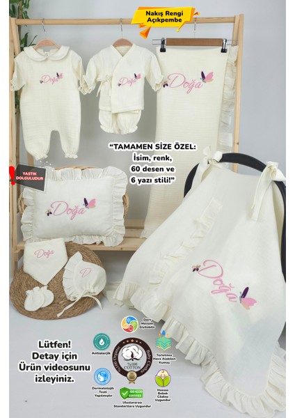 Müslin Yeni Doğan 4katlı Organik %100PAMUK Kişiye Özgü Nakışlı Hastane Çıkış Seti (Kelebek Model-1)