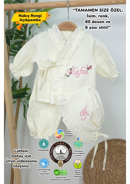 Müslin Yeni Doğan 4katlı Organik %100PAMUK Kişiye Özgü Nakışlı Hastane Çıkış Seti(Kelebekli Papatya)