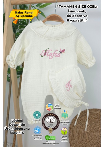 Müslin Yeni Doğan 4katlı Organik %100PAMUK Kişiye Özgü Nakışlı Hastane Çıkış Seti(Kelebekli Papatya)