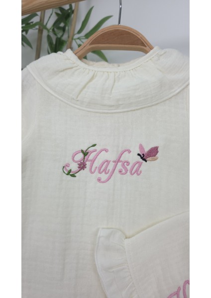 Müslin Yeni Doğan 4katlı Organik %100PAMUK Kişiye Özgü Nakışlı Hastane Çıkış Seti(Kelebekli Papatya) modelleri