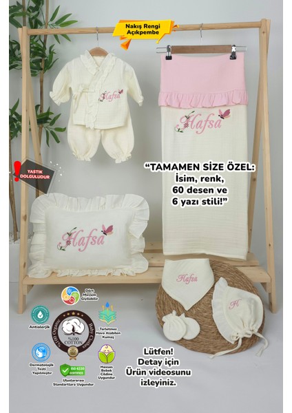 Müslin Yeni Doğan 4katlı Organik %100PAMUK Kişiye Özgü Nakışlı Hastane Çıkış Seti(Kelebekli Papatya)