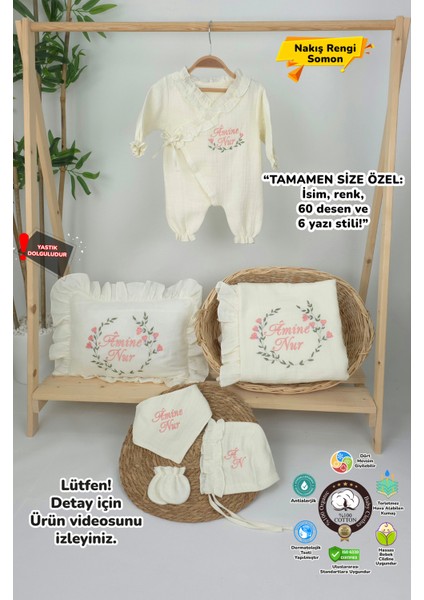 Müslin Yeni Doğan 4katlı Organik %100PAMUK Kişiye Özgü Nakışlı Hastane Çıkış Seti (Çiçek Model-2)