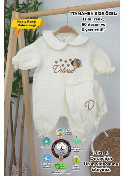 Müslin Yeni Doğan 4katlı Organik %100PAMUK Kişiye Özgü Nakışlı Hastane Çıkış Seti (Çoklu Balon)