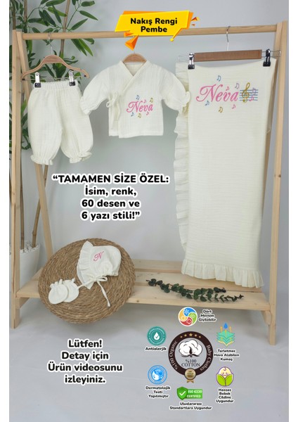 Müslin Yeni Doğan 4katlı Organik %100PAMUK Kişiye Özgü Nakışlı Hastane Çıkış Seti (Nota Model)