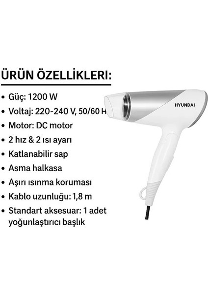 1200W Güçlü ve Katlanabilir Seyahat Tipi Saç Kurutma Makinesi