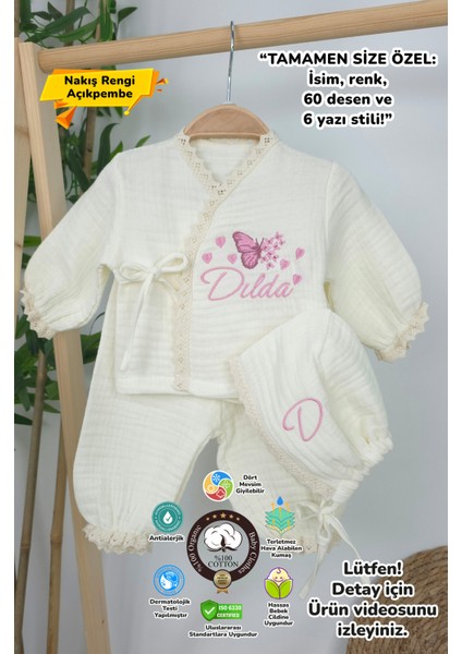 Müslin Yeni Doğan 4katlı Organik %100PAMUK Kişiye Özgü Nakışlı Hastane Çıkış Seti (Çoklu Kelebek-3)