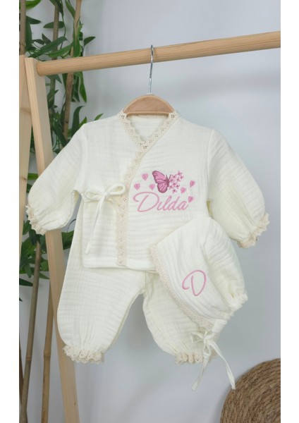 Müslin Yeni Doğan 4katlı Organik %100PAMUK Kişiye Özgü Nakışlı Hastane Çıkış Seti (Çoklu Kelebek-3) fiyatları
