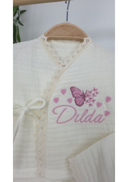 Müslin Yeni Doğan 4katlı Organik %100PAMUK Kişiye Özgü Nakışlı Hastane Çıkış Seti (Çoklu Kelebek-3) modelleri