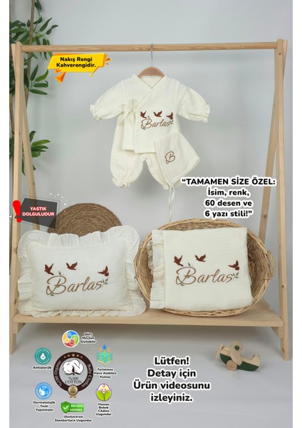 Müslin Yeni Doğan 4katlı Organik %100PAMUK Kişiye Özgü Nakışlı Hastane Çıkış Seti(3'lü Kelebk Model)
