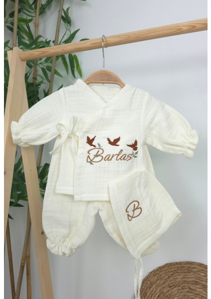 Müslin Yeni Doğan 4katlı Organik %100PAMUK Kişiye Özgü Nakışlı Hastane Çıkış Seti(3'lü Kelebk Model) modelleri