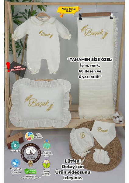 Müslin Yeni Doğan 4katlı Organik %100PAMUK Kişiye Özgü Nakışlı Hastane Çıkış Seti-Başak Model