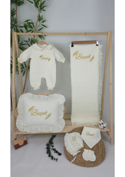 Müslin Yeni Doğan 4katlı Organik %100PAMUK Kişiye Özgü Nakışlı Hastane Çıkış Seti-Başak Model fiyatları