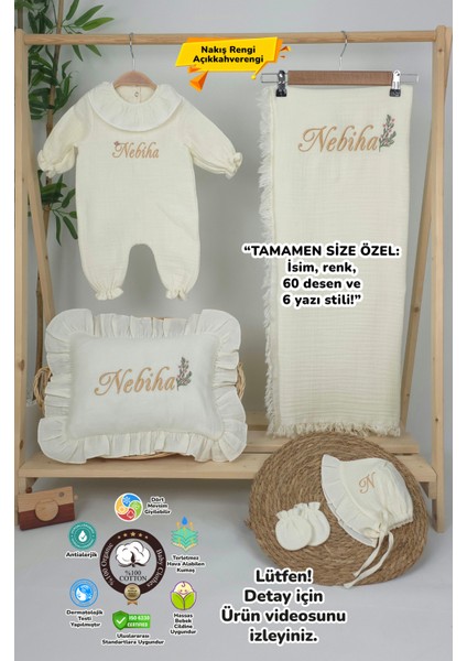 Müslin Yeni Doğan 4katlı Organik %100PAMUK Kişiye Özgü Nakışlı Hastane Çıkış Seti (Dallı Papatya)