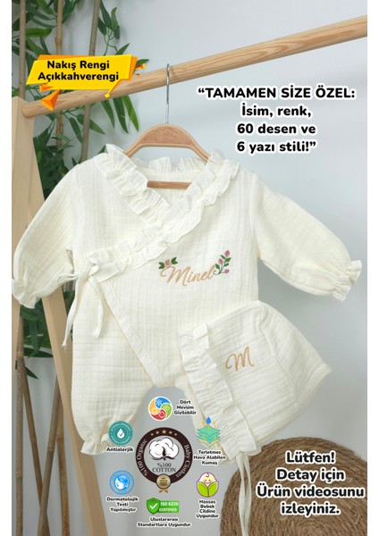 Müslin Yeni Doğan 4katlı Organik %100PAMUK Kişiye Özgü Nakışlı Hastane Çıkış Seti (Güllü Model-4)