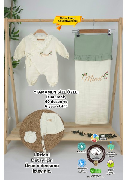 Müslin Yeni Doğan 4katlı Organik %100PAMUK Kişiye Özgü Nakışlı Hastane Çıkış Seti (Güllü Model-4)