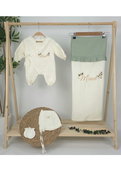 Müslin Yeni Doğan 4katlı Organik %100PAMUK Kişiye Özgü Nakışlı Hastane Çıkış Seti (Güllü Model-4) fiyatları