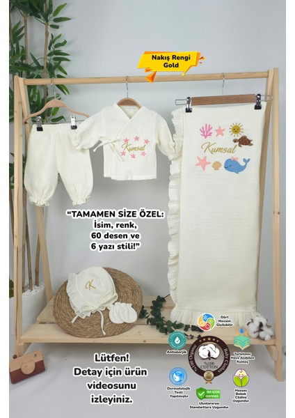 Müslin Yeni Doğan 4katlı Organik %100PAMUK Kişiye Özgü Nakışlı Hastane Çıkış Seti(Okyanus Model-2)