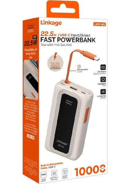 Lkp-60 - 22.5W, 10.000MAH Dahili Usb-C Kablolu LCD Dijital Göstergeli Taşınabilir Powerbank indirimleri