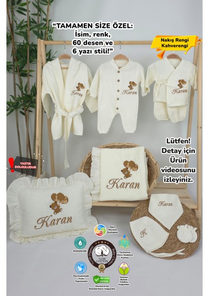 Müslin Yeni Doğan 4katlı Organik %100PAMUK Kişiye Özgü Nakışlı Hastane Çıkış Seti (Ayıcık Model-6)