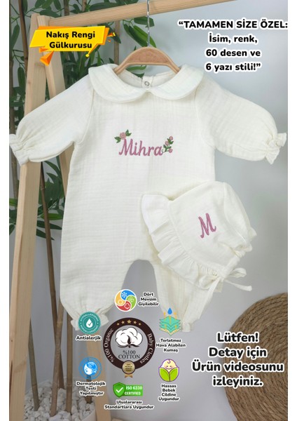 Müslin Yeni Doğan 4katlı Organik %100PAMUK Kişiye Özgü Nakışlı Hastane Çıkış Seti- Güllü Model-1