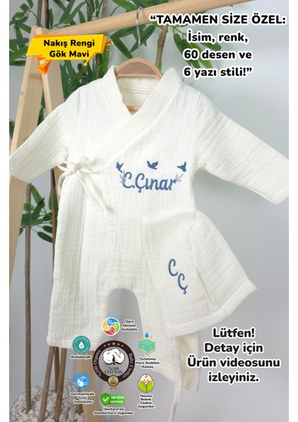 Müslin Yeni Doğan 4katlı Organik %100PAMUK Kişiye Özgü Nakışlı Hastane Çıkış Seti-3'lü Kuş Model