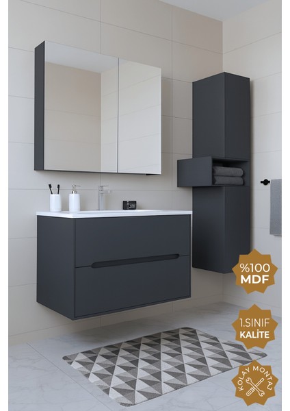 Madrid 65 cm Antrasit MDF Banyo Dolabı Seti ve Boy Dolabı