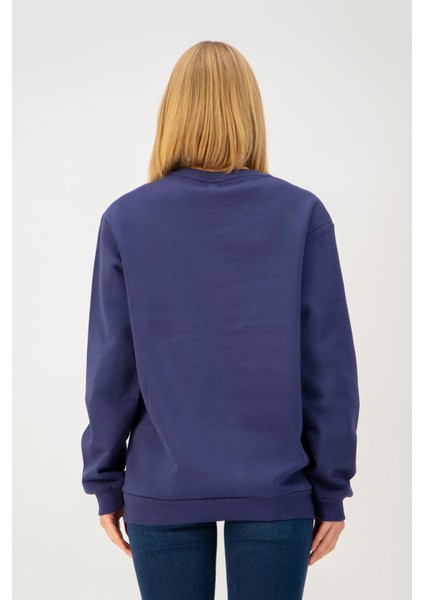 Bisiklet Yaka Nakışlı Lacivert Kadın Sweatshirt DT10063-1 Lacivert