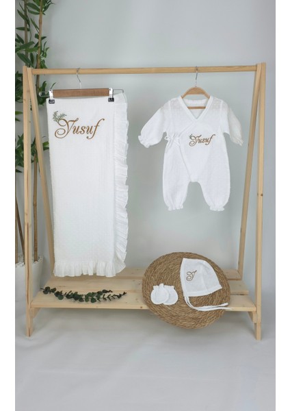 Müslin Yeni Doğan 2katlı Organik %100PAMUK Kişiye Özgü Nakışlı Hastane Çıkış Seti(Ikili Dal Model-3)