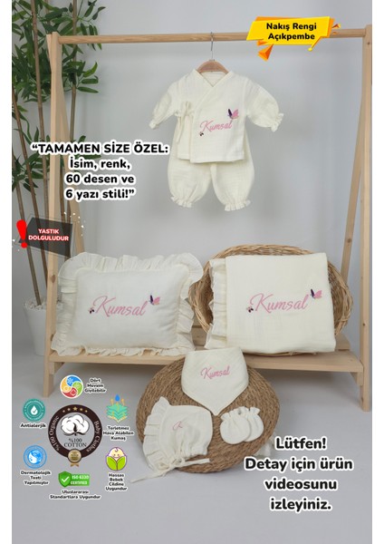 Müslin Yeni Doğan 4katlı Organik %100PAMUK Kişiye Özgü Nakışlı Hastane Çıkış Seti (Kelebek Model-2)