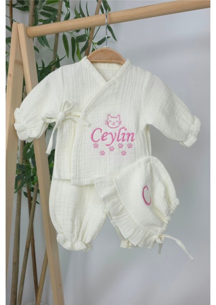 Müslin Yeni Doğan 4katlı Organik %100PAMUK Kişiye Özgü Nakışlı Hastane Çıkış Seti (Kedi Patisi)
