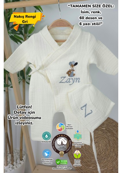 Müslin Yeni Doğan 4katlı Organik %100PAMUK Kişiye Özgü Nakışlı Hastane Çıkış Seti (Balonlu Ayıcık-2)