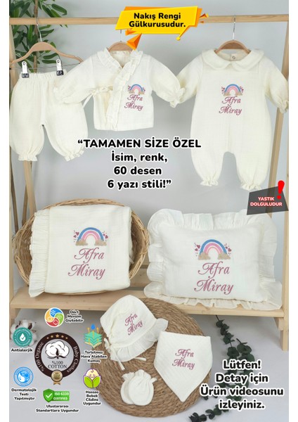 Müslin Yeni Doğan 4 Katlı Organik %100PAMUK Kişiye Özgü Nakışlı Hastane Çıkış Seti-Pudra Gökkuşağı