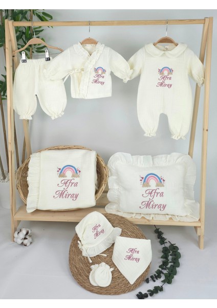 Müslin Yeni Doğan 4 Katlı Organik %100PAMUK Kişiye Özgü Nakışlı Hastane Çıkış Seti-Pudra Gökkuşağı fiyatları
