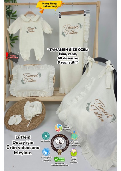 Müslin Yeni Doğan 4katlı Organik %100PAMUK Kişiye Özgü Nakışlı Hastane Çıkış Seti(Iki Dallı Model-2)