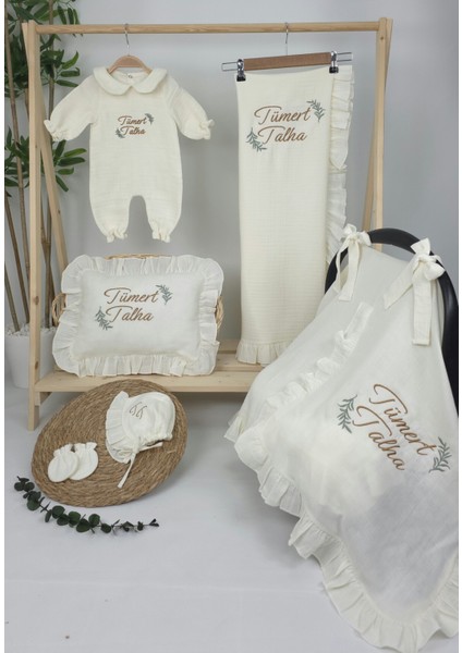 Müslin Yeni Doğan 4katlı Organik %100PAMUK Kişiye Özgü Nakışlı Hastane Çıkış Seti(Iki Dallı Model-2) fiyatları