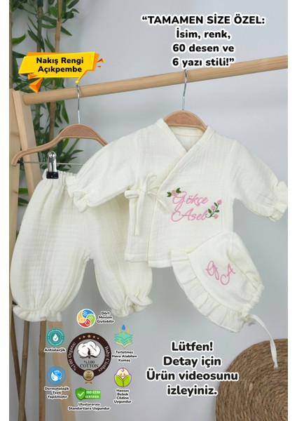 Müslin Yeni Doğan 4katlı Organik %100PAMUK Kişiye Özgü Nakışlı Hastane Çıkış Seti (Güllü Model-2)