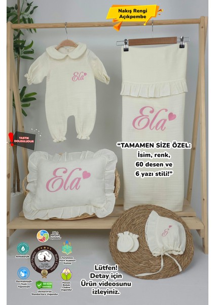 Müslin Yeni Doğan 4katlı Organik %100PAMUK Kişiye Özgü Nakışlı Hastane Çıkış Seti (Kalpli Model-4)