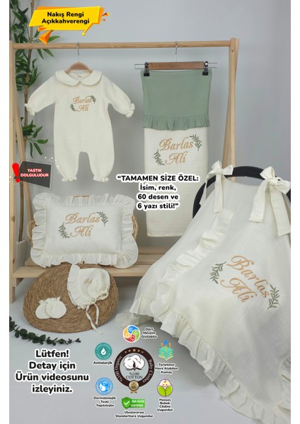 Müslin Yeni Doğan 4katlı Organik %100PAMUK Kişiye Özgü Nakışlı Hastane Çıkış Seti (Iki Dal Model-1)