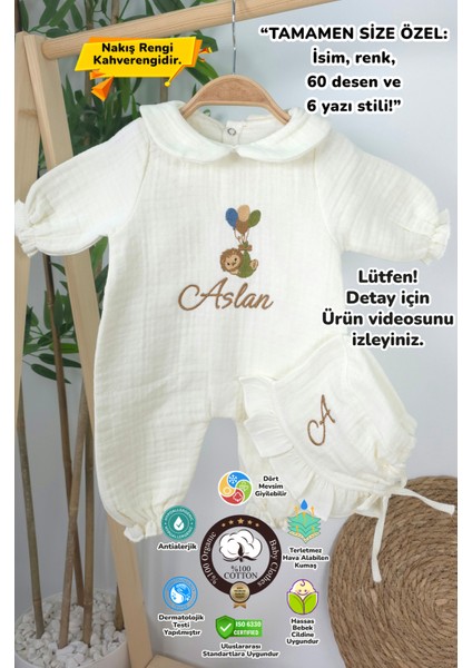 Müslin Yeni Doğan 4katlı Organik %100PAMUK Kişiye Özgü Nakışlı Hastane Çıkış Seti-Aslan Model